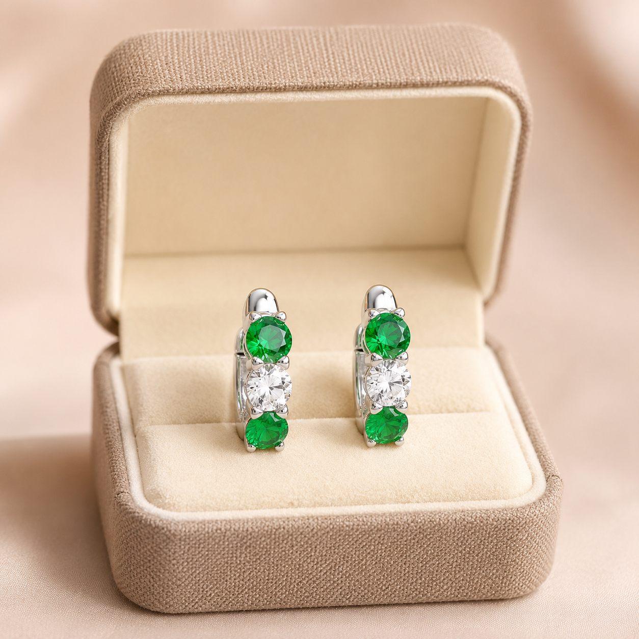 Round Lab Grown Diamond Huggie Hoop Earrings Created Emerald 14K White Gold IGI Certified 2ct