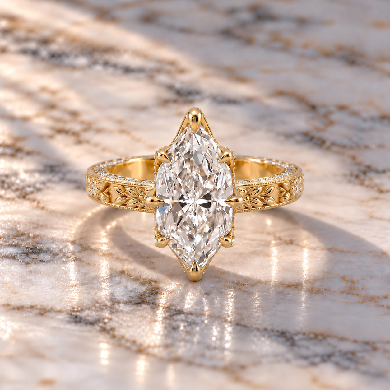 Dutch Marquise Lab Grown Diamond Engagement Ring Floral Vintage 14K Yellow Gold IGI Certified Solitaire