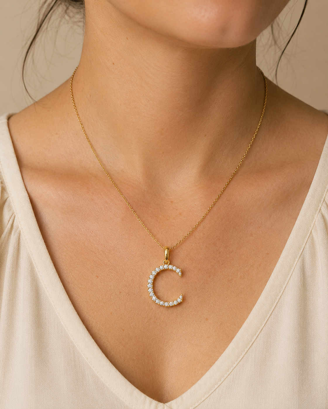 Letter C Initial Lab Grown Diamond Pendant Necklace Pavé 14K Yellow Gold – Round E for Her