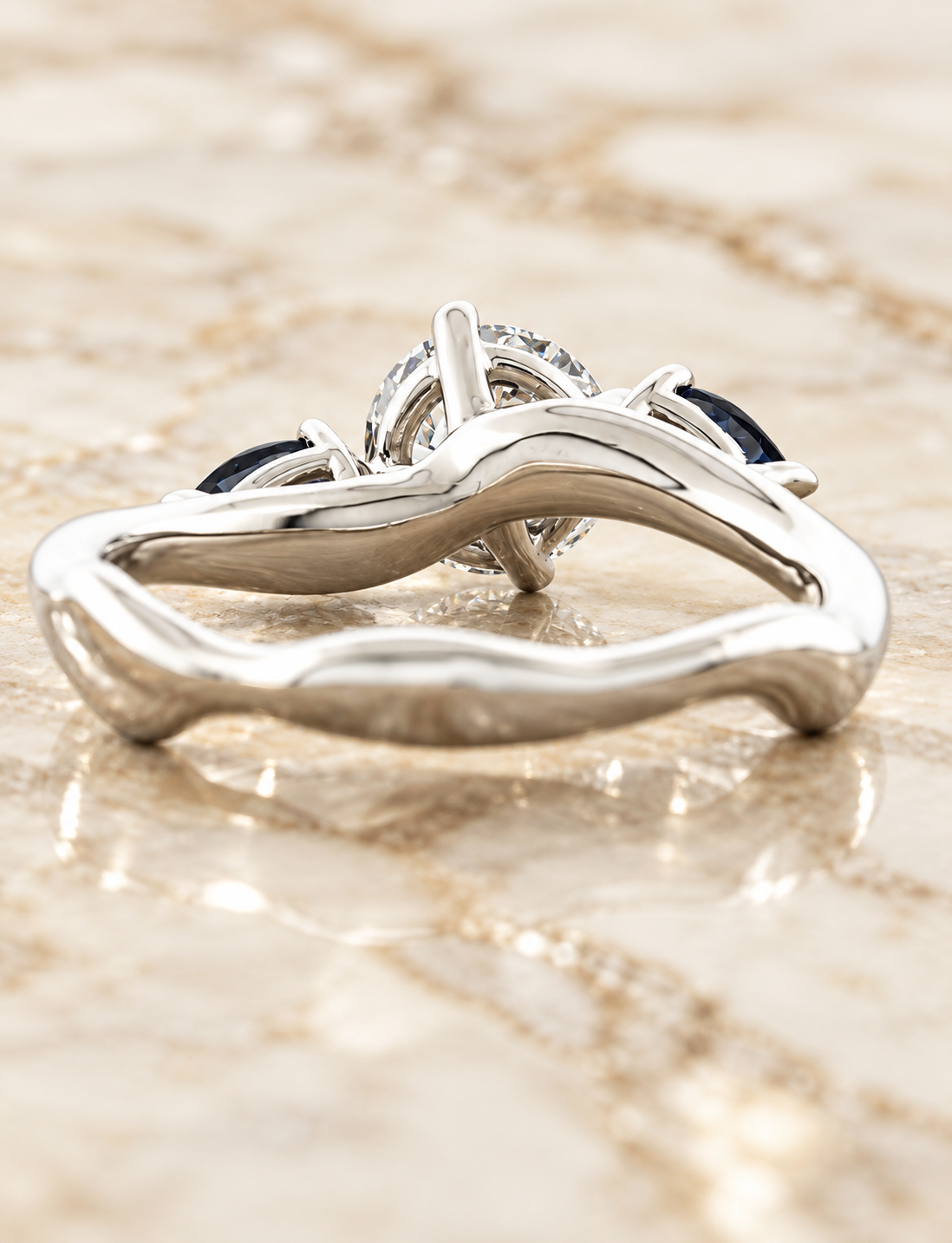 Round Lab Grown Diamond Engagement Ring Three Stone Pear Sapphire 14K White Gold E VVS2 Nature-Inspired