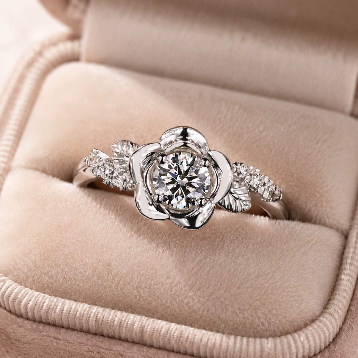Round Lab Grown Diamond Engagement Ring Nature Leaf Rose 14K White Gold IGI Certified 1.00 Carat