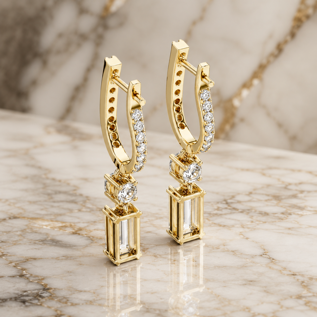 Emerald & Round Lab Grown Diamond Drop Earrings Pavé 18K Gold Dangle Design