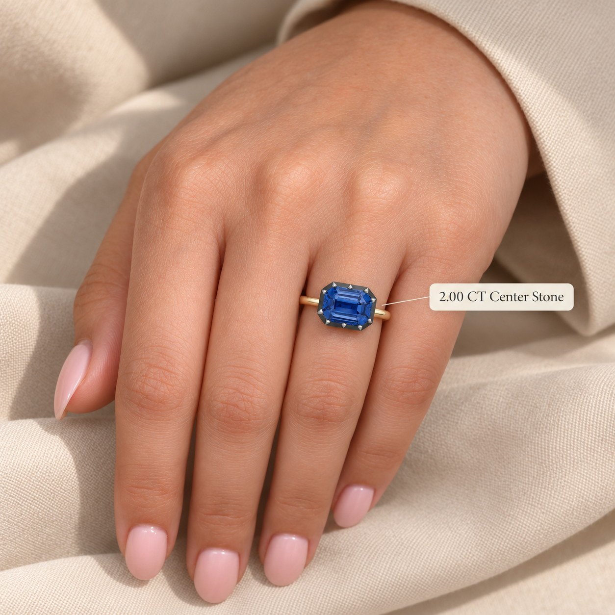 Blue Emerald Cut Sapphire East-West Ring Button Back 18K Yellow Gold Solitaire