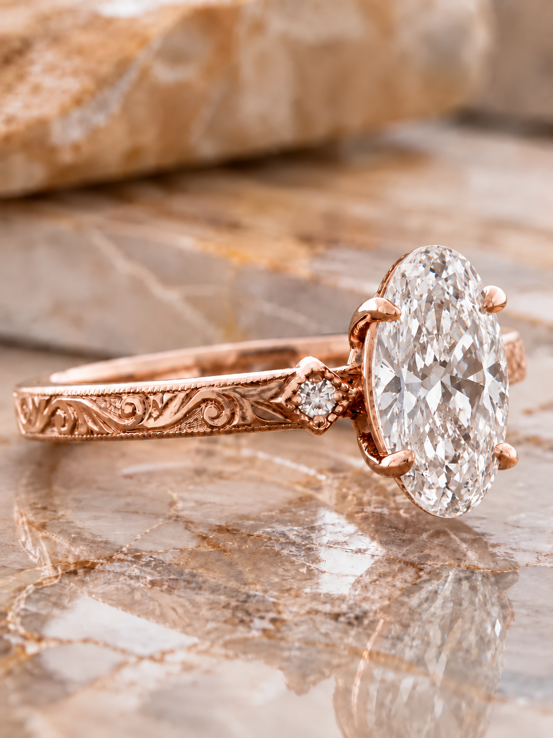 Moval Lab-Grown Diamond Engagement Ring: 14K Rose Gold, Hand-Engraved Vintage Style (IGI Certified)
