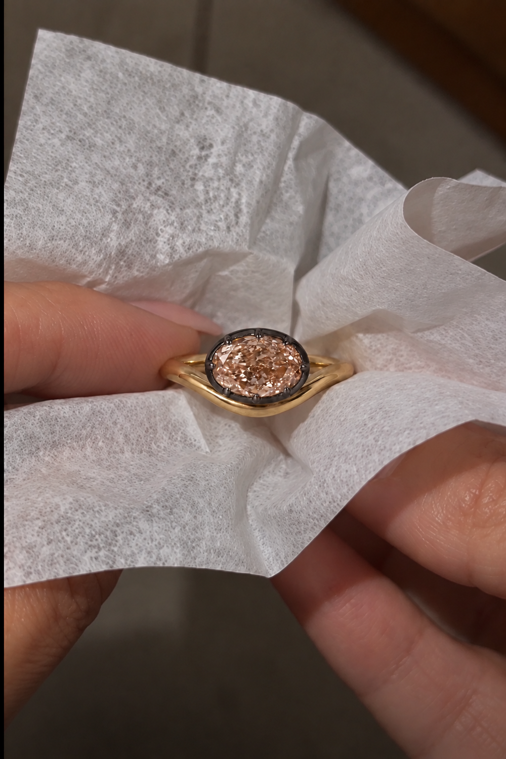Pink Oval Lab Grown Diamond Engagement Ring East-West Bezel-Prong 14K Yellow Gold IGI Certified