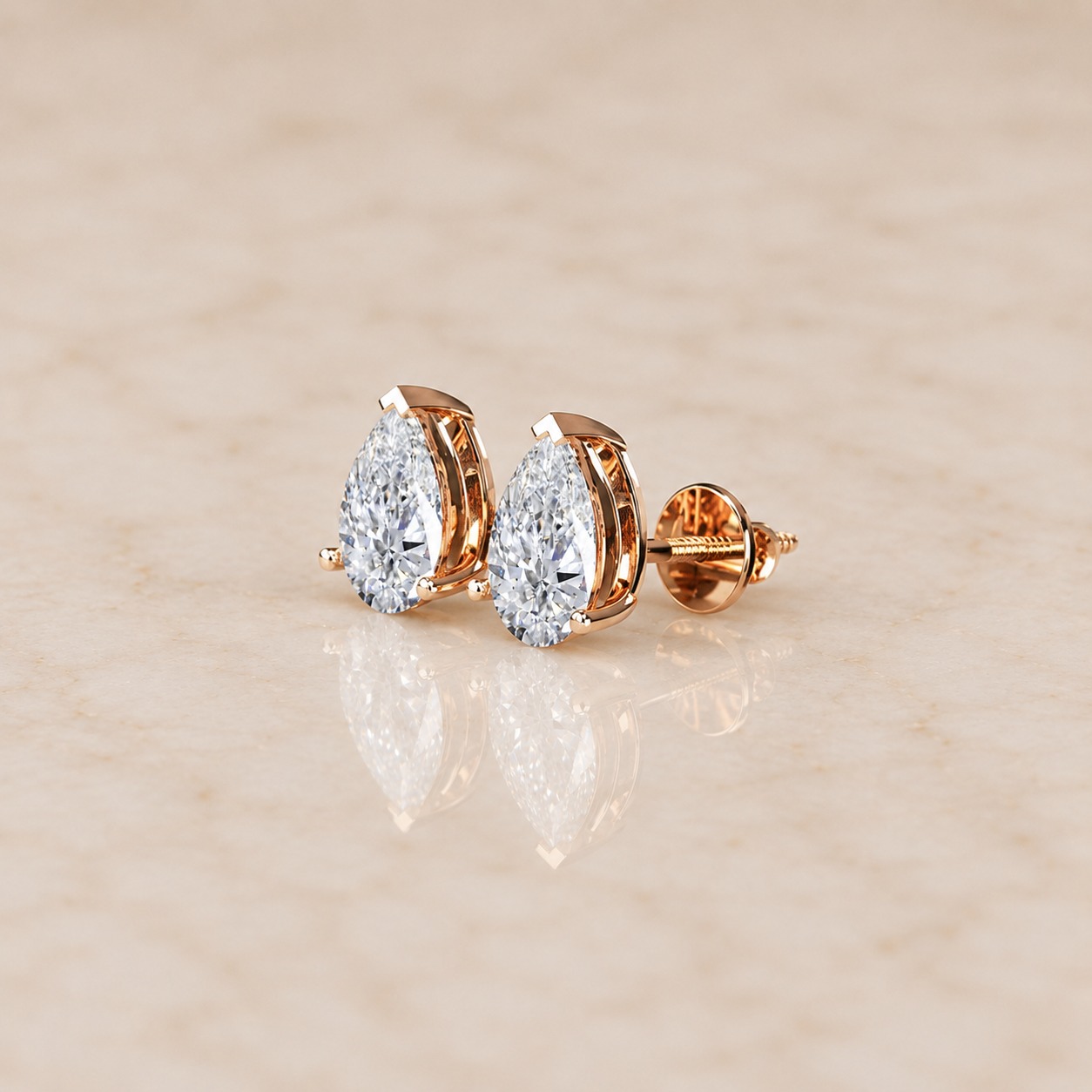 Pear Lab Grown Diamond Stud Earrings Three Prong 14K Rose Gold IGI Certified 2 Carat