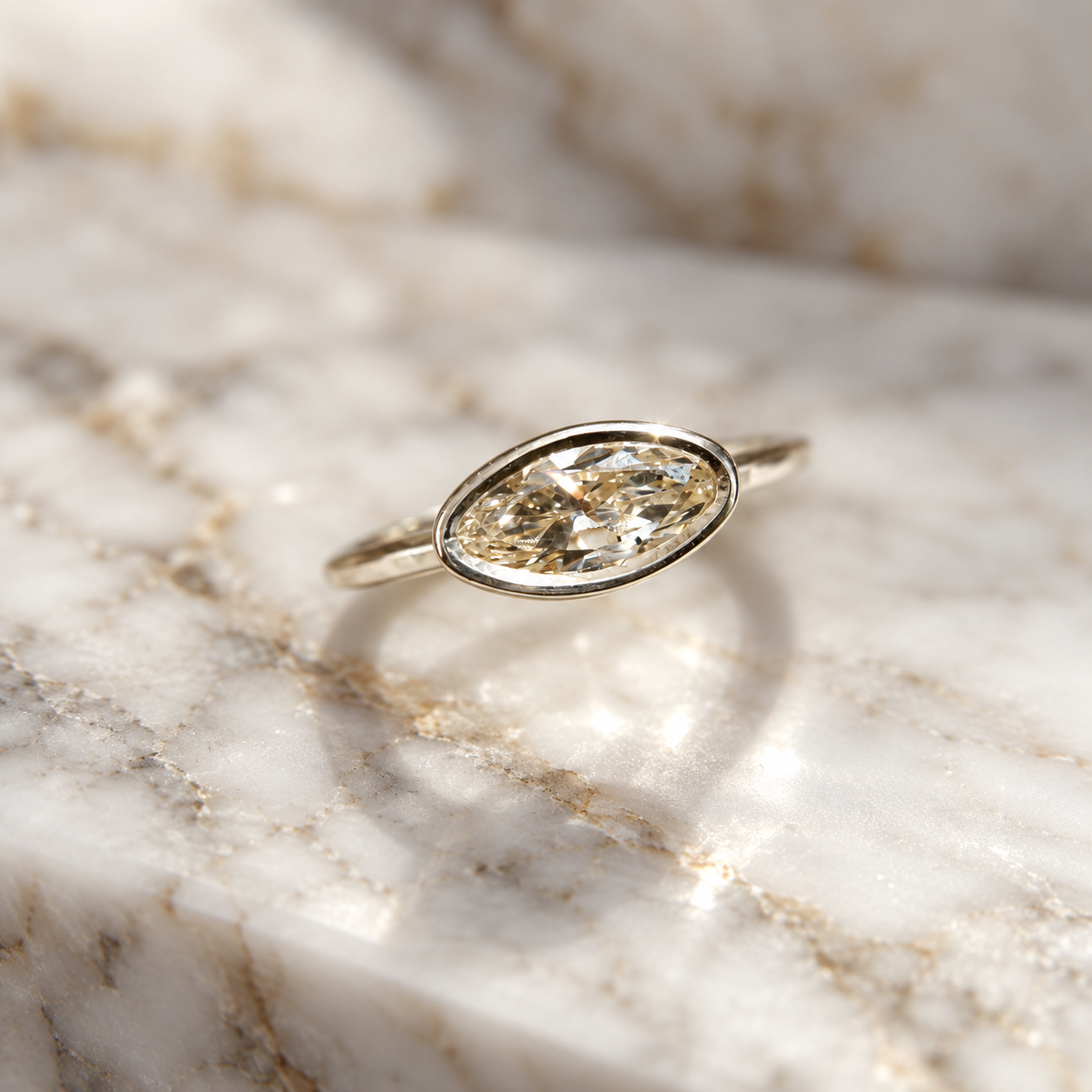 Champagne Moval Diamond Engagement Ring Bezel Set 14K Yellow Gold East West Moval