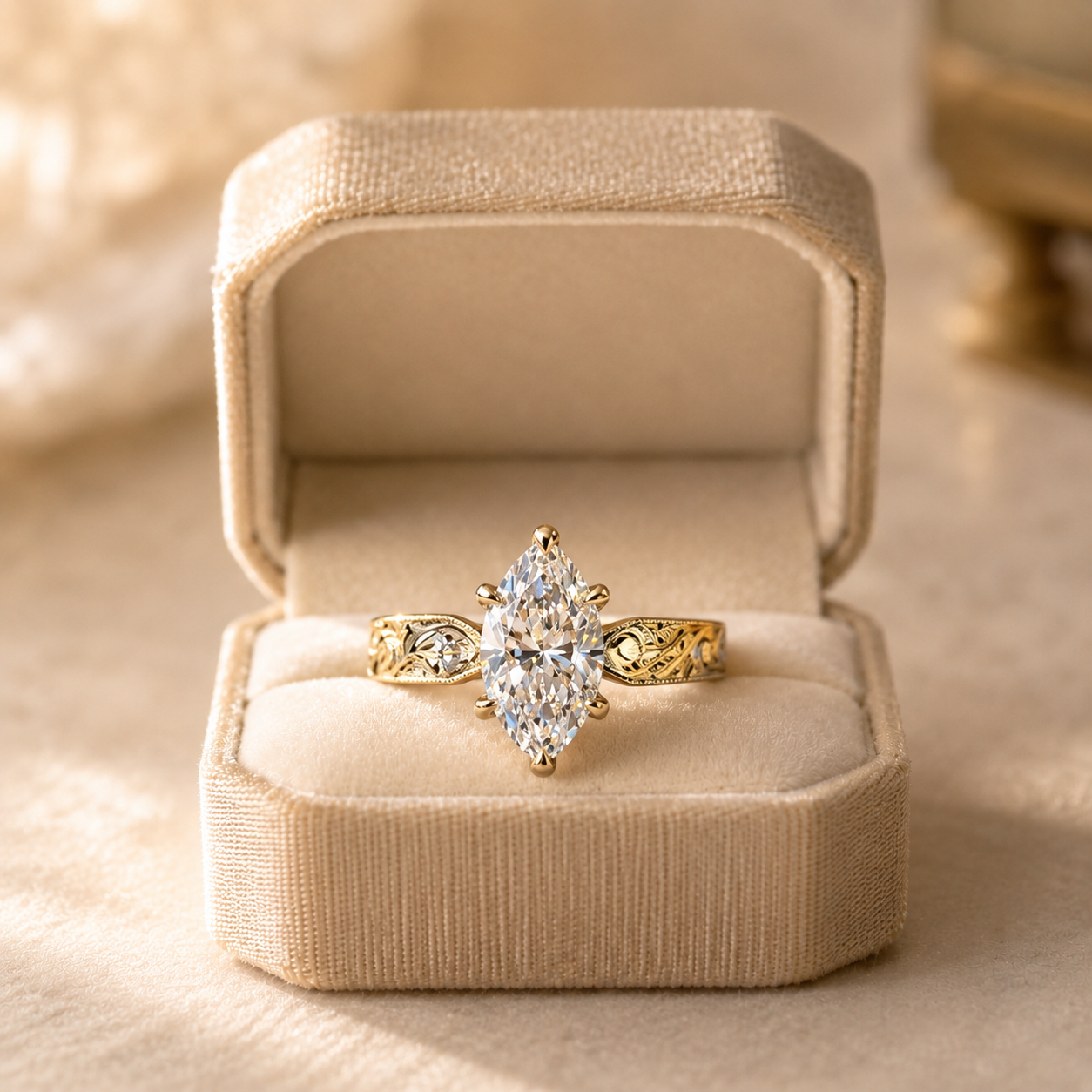 Marquise Lab Grown Diamond Engagement Ring  Hand-Engraved Solitaire 14K Yellow Gold – IGI Certified 3.02 Carat E VVS2