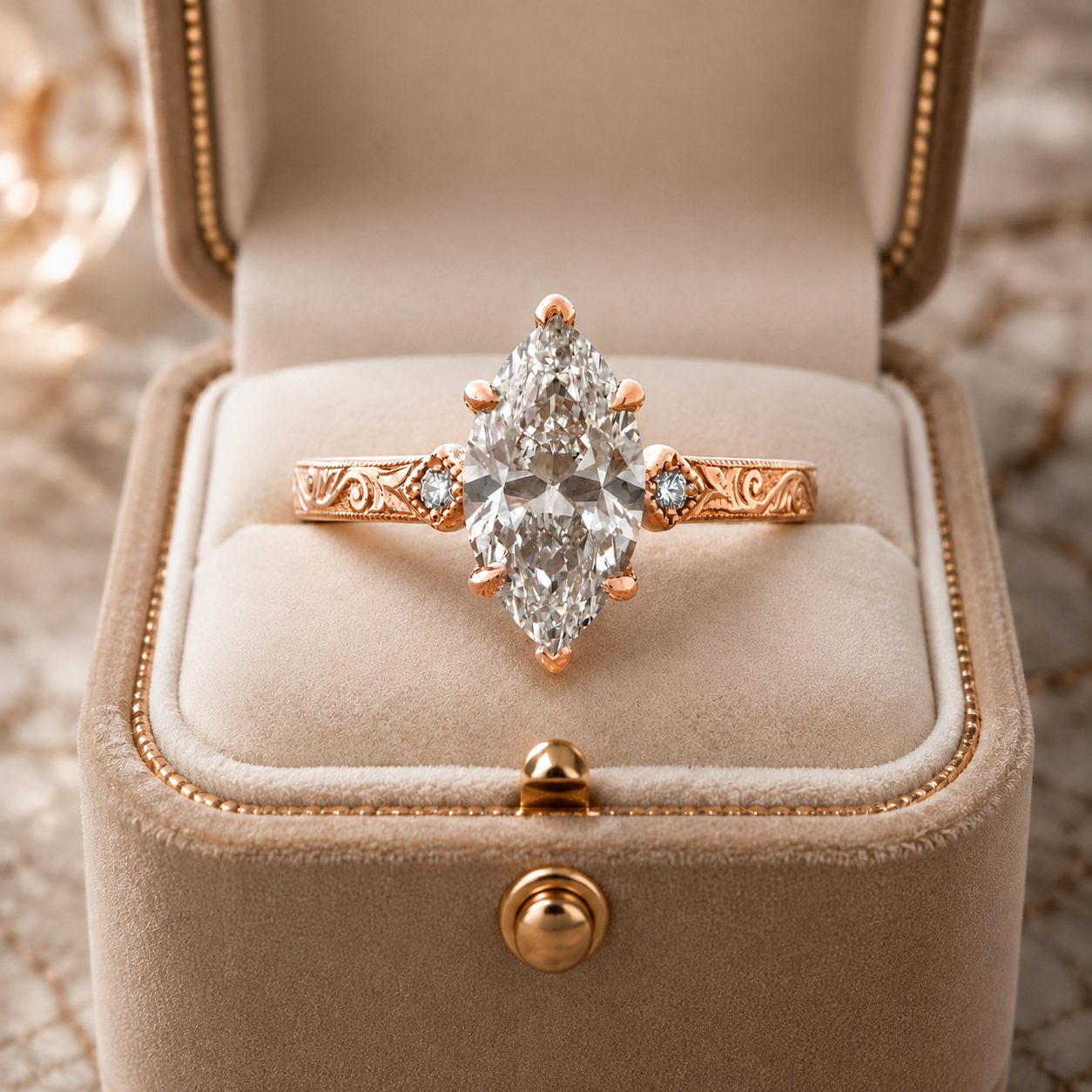 Marquise Lab Grown Diamond Engagement Ring Vintage Engraved Solitaire 14K Rose Gold E VVS2