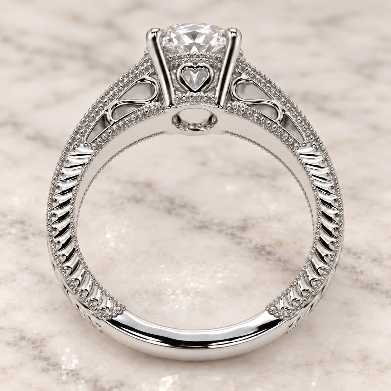 Round Solitaire Engagement Ring Setting Vintage 14K White Gold Leaf Engraving Milgrain Semi Mount