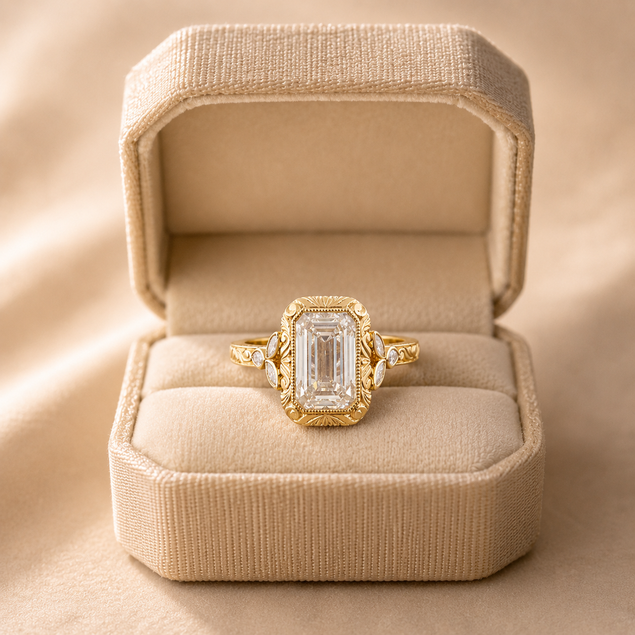 Emerald Cut Lab Grown Diamond Engagement Ring – Vintage Bezel 14K Yellow Gold – 2ct E VVS2