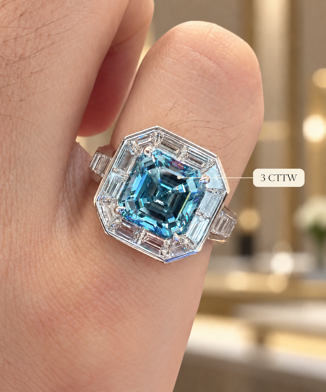 Blue Asscher Cut Lab Grown Diamond Engagement Ring Baguette Halo 14K White Gold Vintage-Inspired Setting