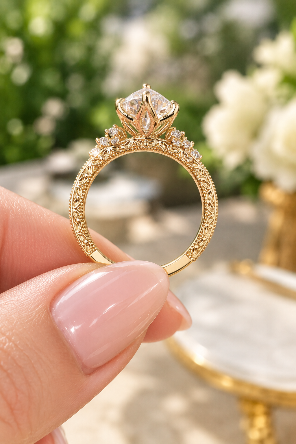 Marquise Lab Grown Diamond Engagement Ring Vintage Tulip 14K Yellow Gold IGI Certified