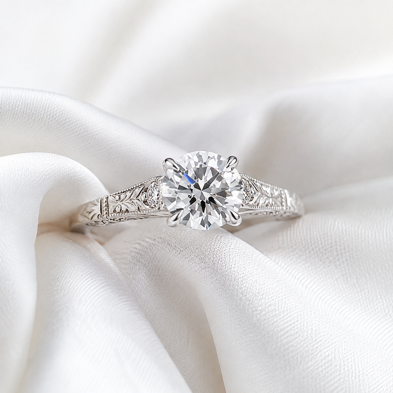 Round Lab Grown Diamond Engagement Ring Vintage Solitaire 14K White Gold Hand-Engraved Accent Setting