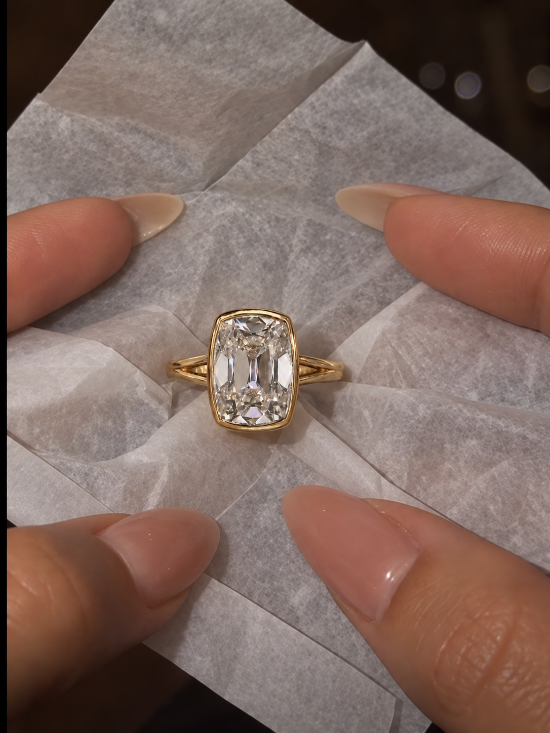 Cushion Old Mine Lab Grown Diamond Engagement Ring Bezel Split Shank 14K Gold IGI Certified E VVS2