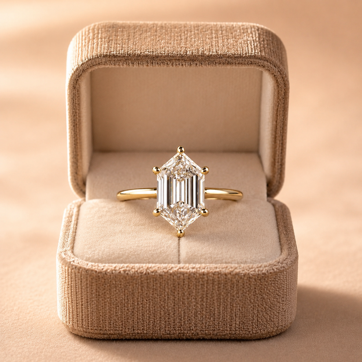 Hexagon Lab Grown Diamond Engagement Ring Solitaire 14K Yellow Gold IGI Certified 2 Carat E VVS2