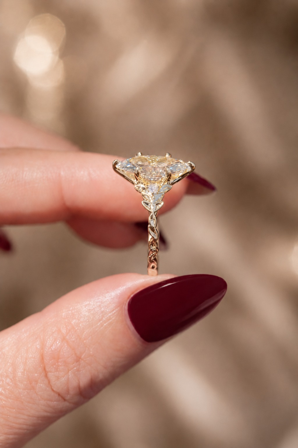 3.02ct Marquise Lab Grown Diamond Engagement Ring – 14K Yellow Gold Floral Leaf Setting
