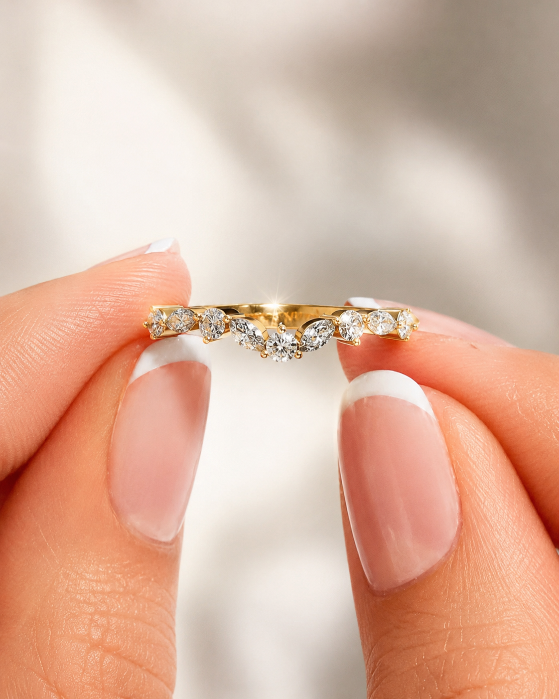Lab Grown Diamond Contour Wedding Band Pave 14K Yellow Gold Alternating Marquise Round, IGI Certified