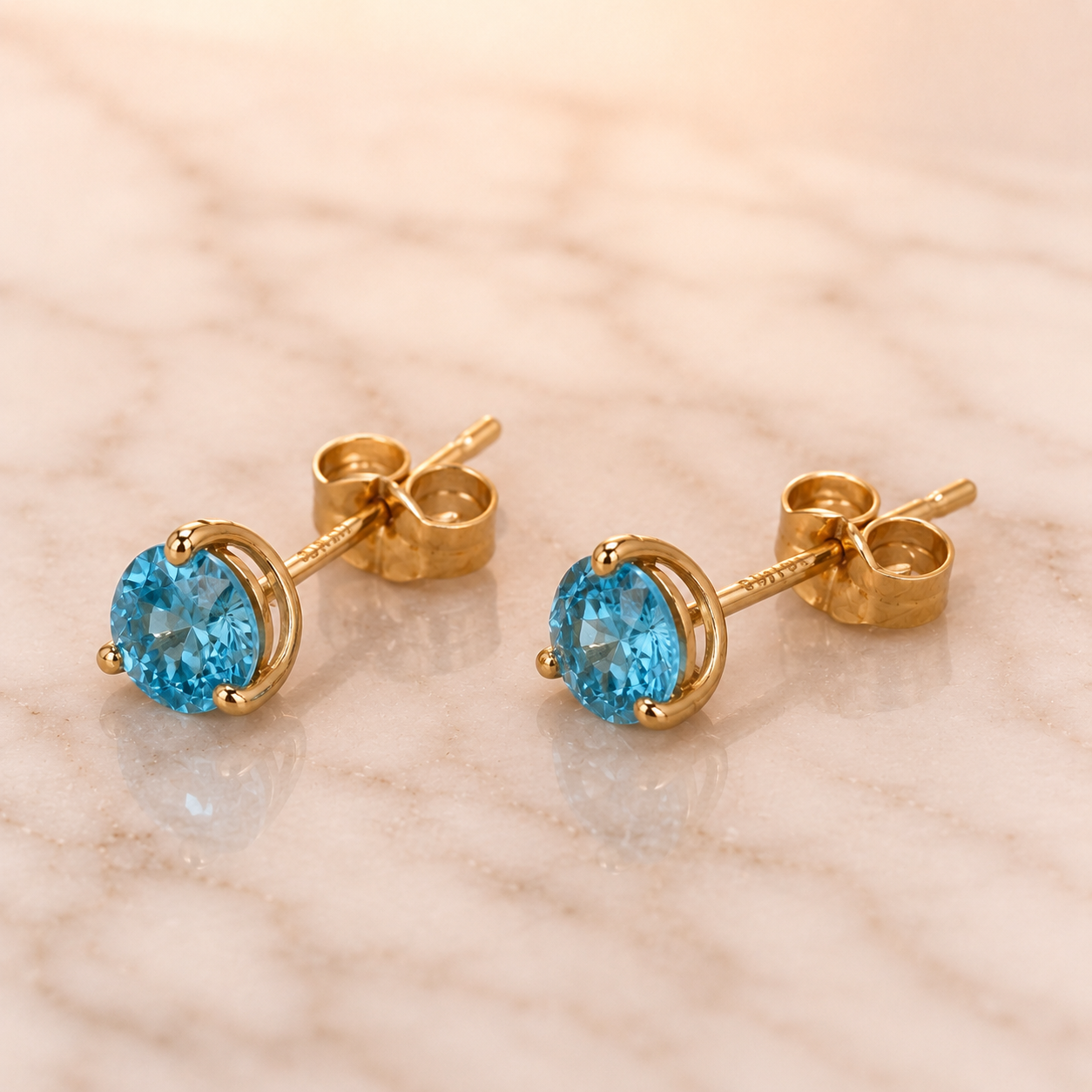 Round Blue Topaz Stud Earrings Solitaire Prong 14K Yellow Gold 1.93 cttw Push Back