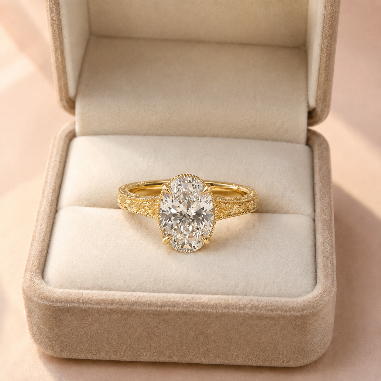 Oval Lab Grown Diamond Engagement Ring Four Prong Solitaire 14K Yellow Gold Hand-Engraved Milgrain Band