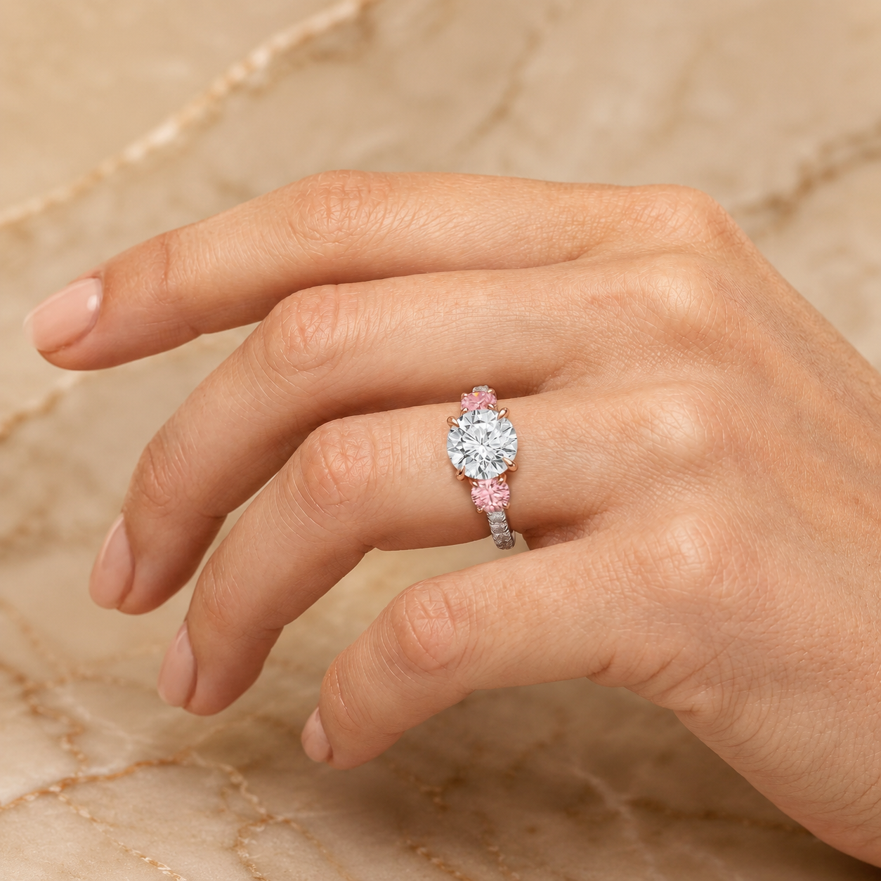 Round Lab Grown Diamond Engagement Ring Three Stone 14K Rose Gold Pink Diamond Side Stones