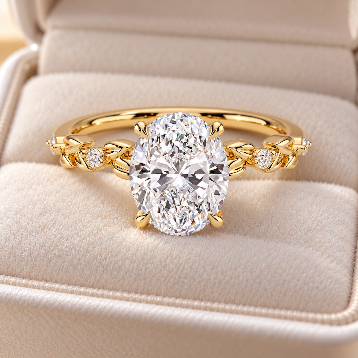 Oval Lab Grown Diamond Engagement Ring Nature Inspired 14K Yellow Gold Four Prong Accented Band