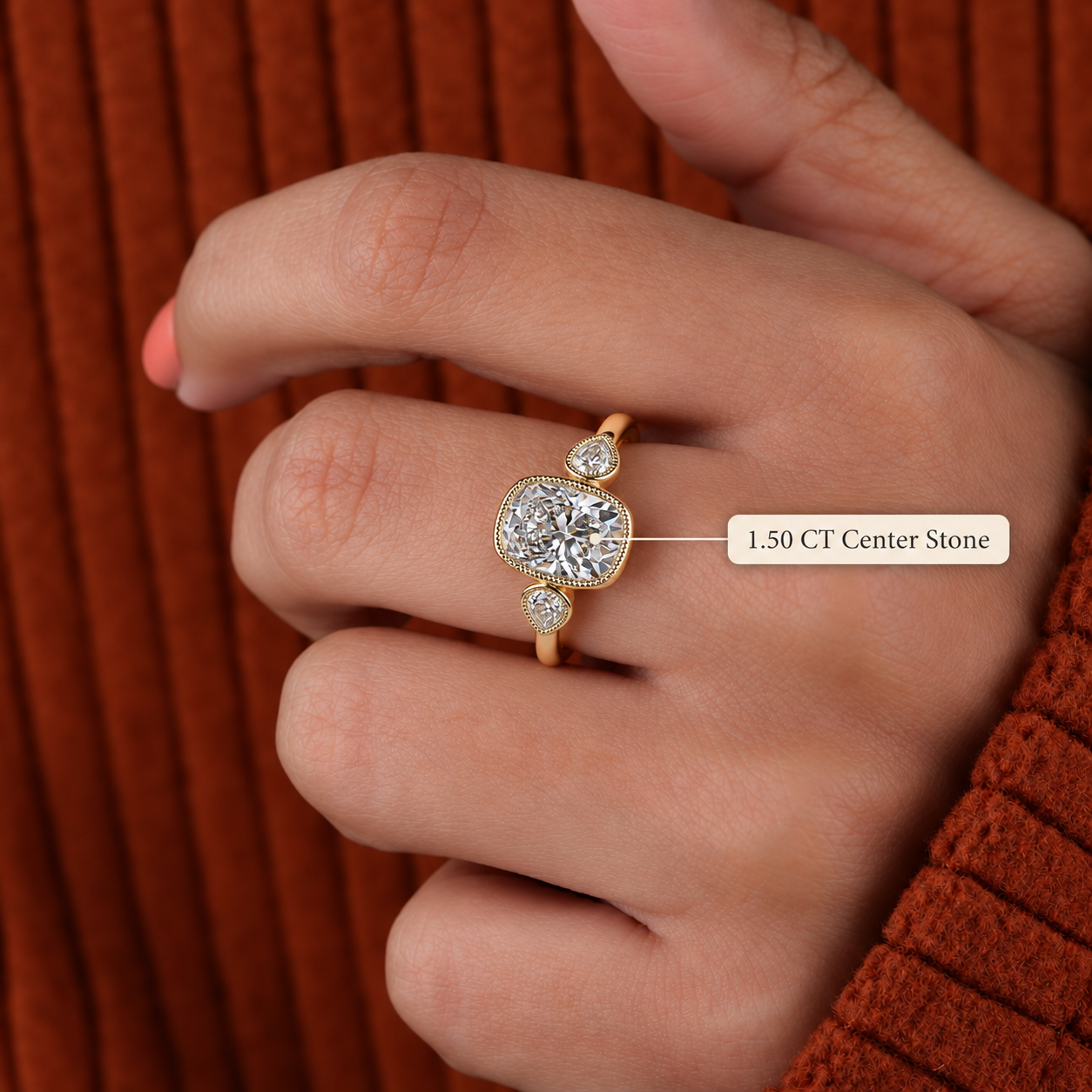 Cushion Lab Grown Diamond Engagement Ring Three Stone Pear Accent 14K Rose Gold Bezel Milgrain Setting
