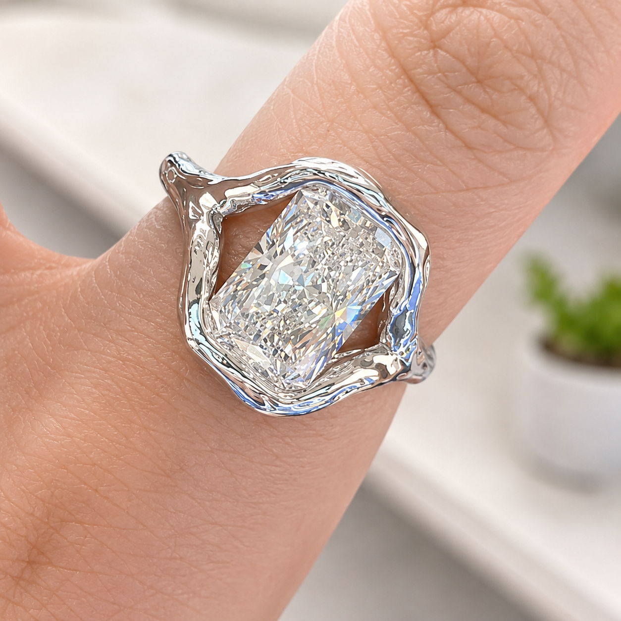 Radiant Cut Lab Grown Diamond Engagement Ring Organic Freeform Bezel 14K White Gold Split Shoulder Solitaire