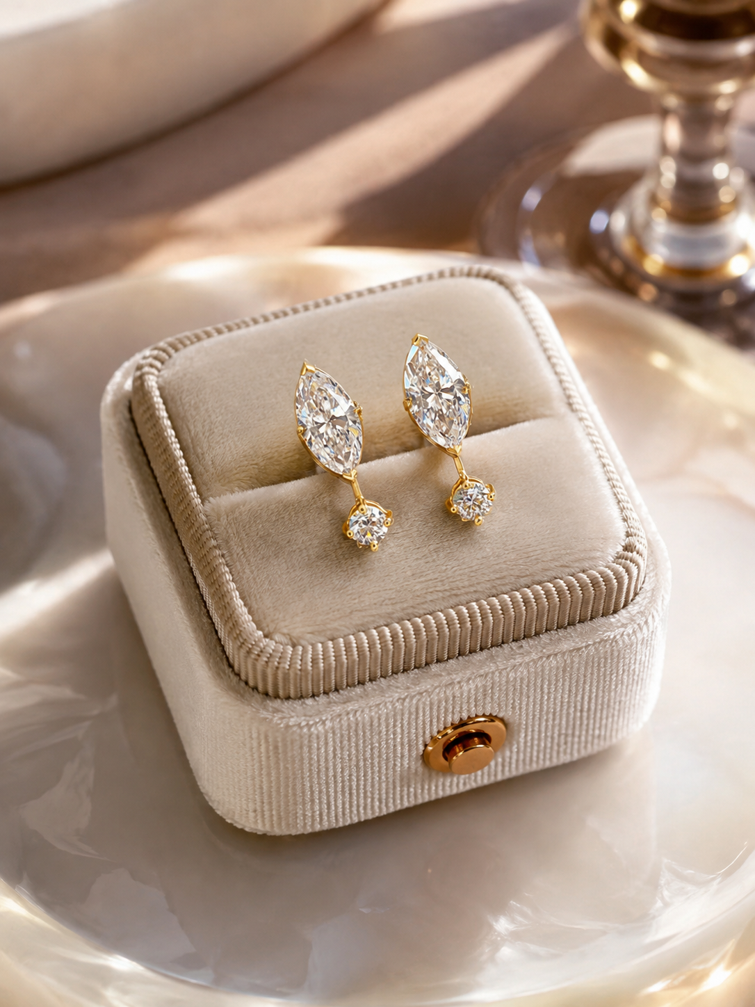 Marquise Lab Grown Diamond Earrings Round Accent Jacket 14K Yellow Gold Studs for Her