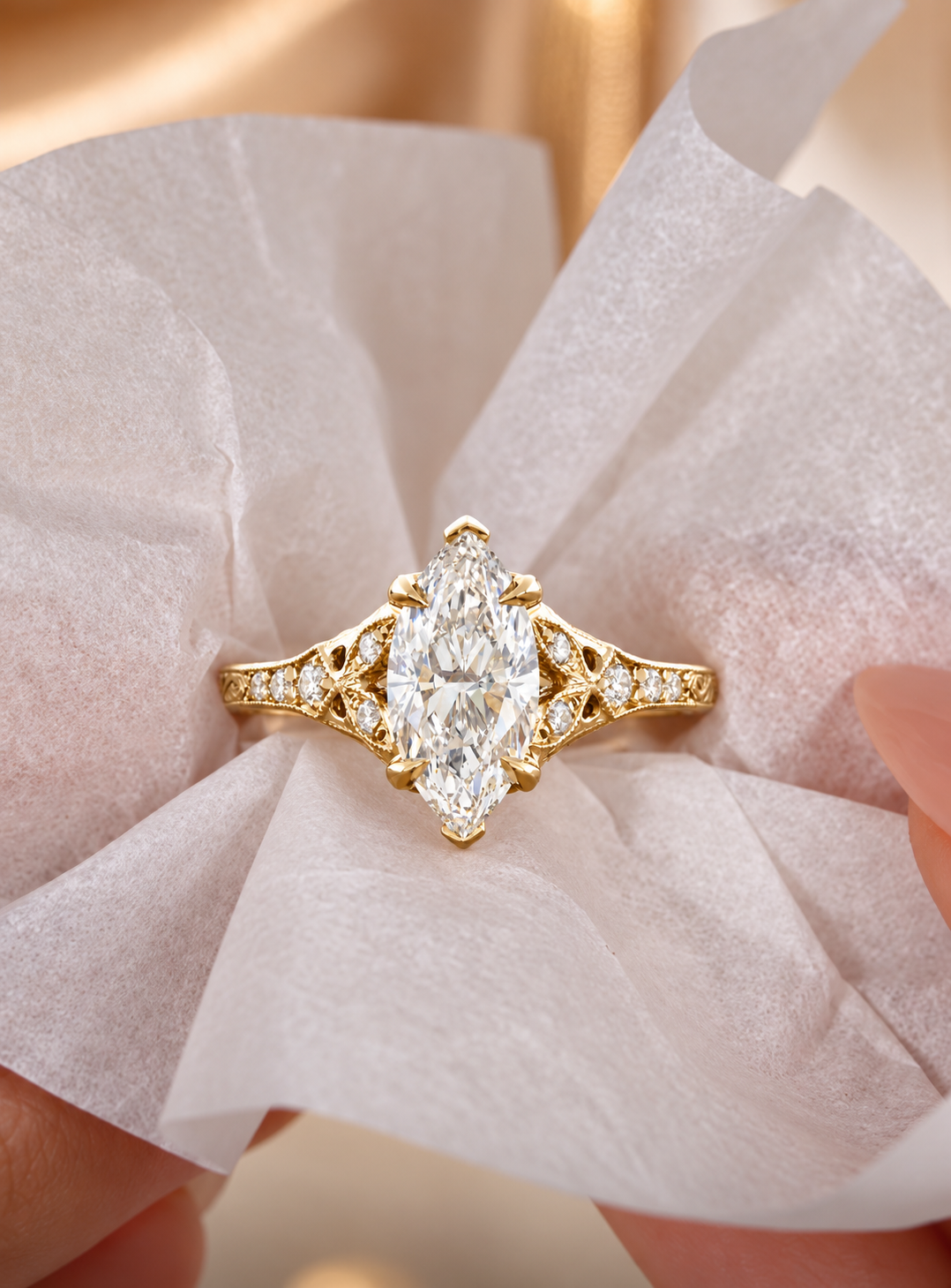 Marquise Lab Grown Diamond Engagement Ring Vintage Split-Shank 14K Yellow Gold E VVS2 1.5 Carat