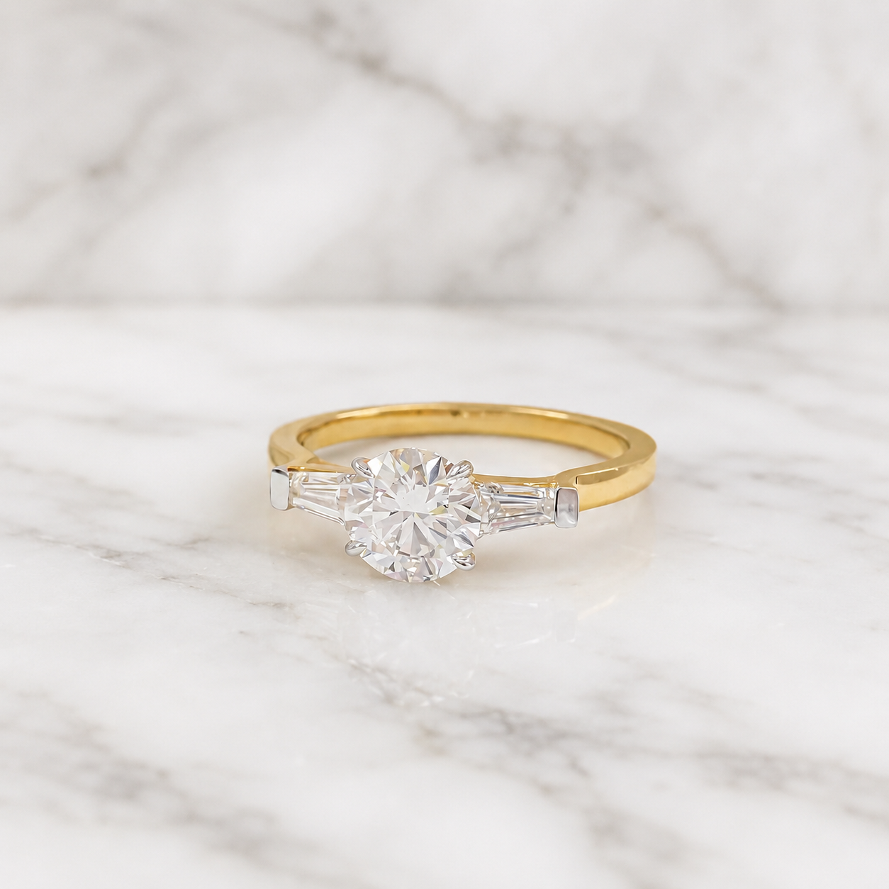 Round Lab Grown Diamond Engagement Ring Three Stone Tapered Baguette 14K Yellow Gold 1.35ct E/VVS2
