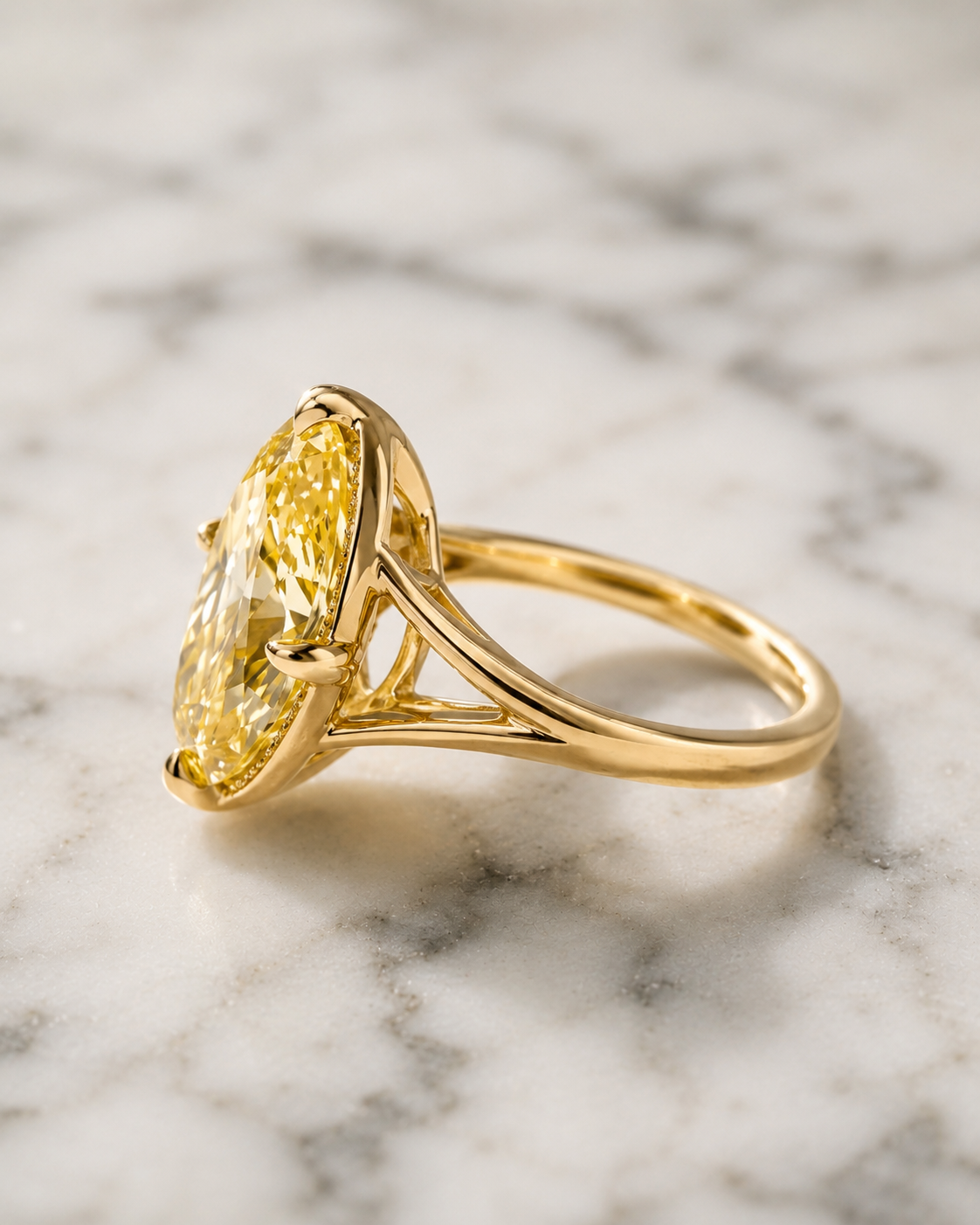 Fancy Yellow Oval Lab Grown Diamond Engagement Ring – Milgrain Bezel, 14K Gold