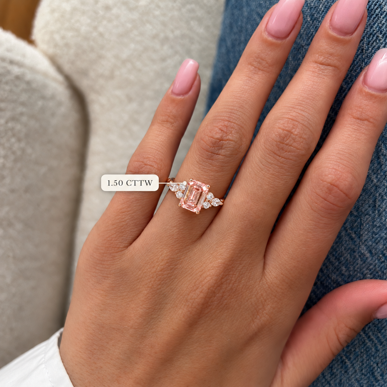 Emerald Cut Pink Lab Diamond Engagement Ring, Twisted Rose Gold Band, IGI Certified
