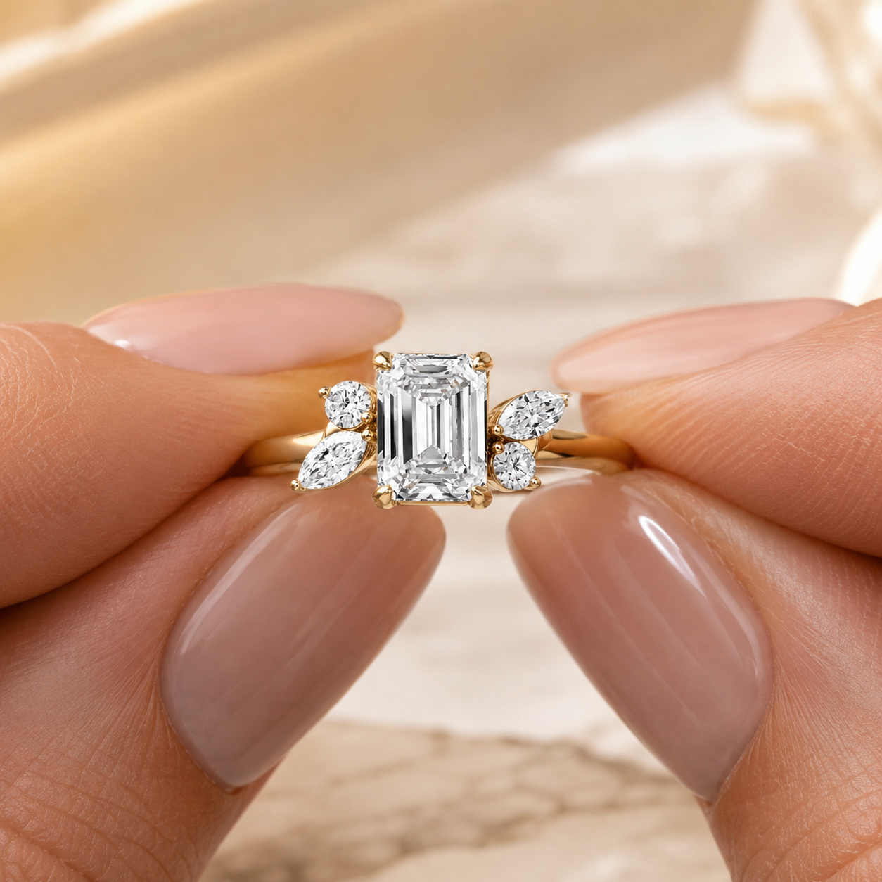 Emerald Cut Lab Grown Diamond Engagement Ring  Floral Side Stone 14K Rose Gold  IGI Certified 2 Carat E VVS2