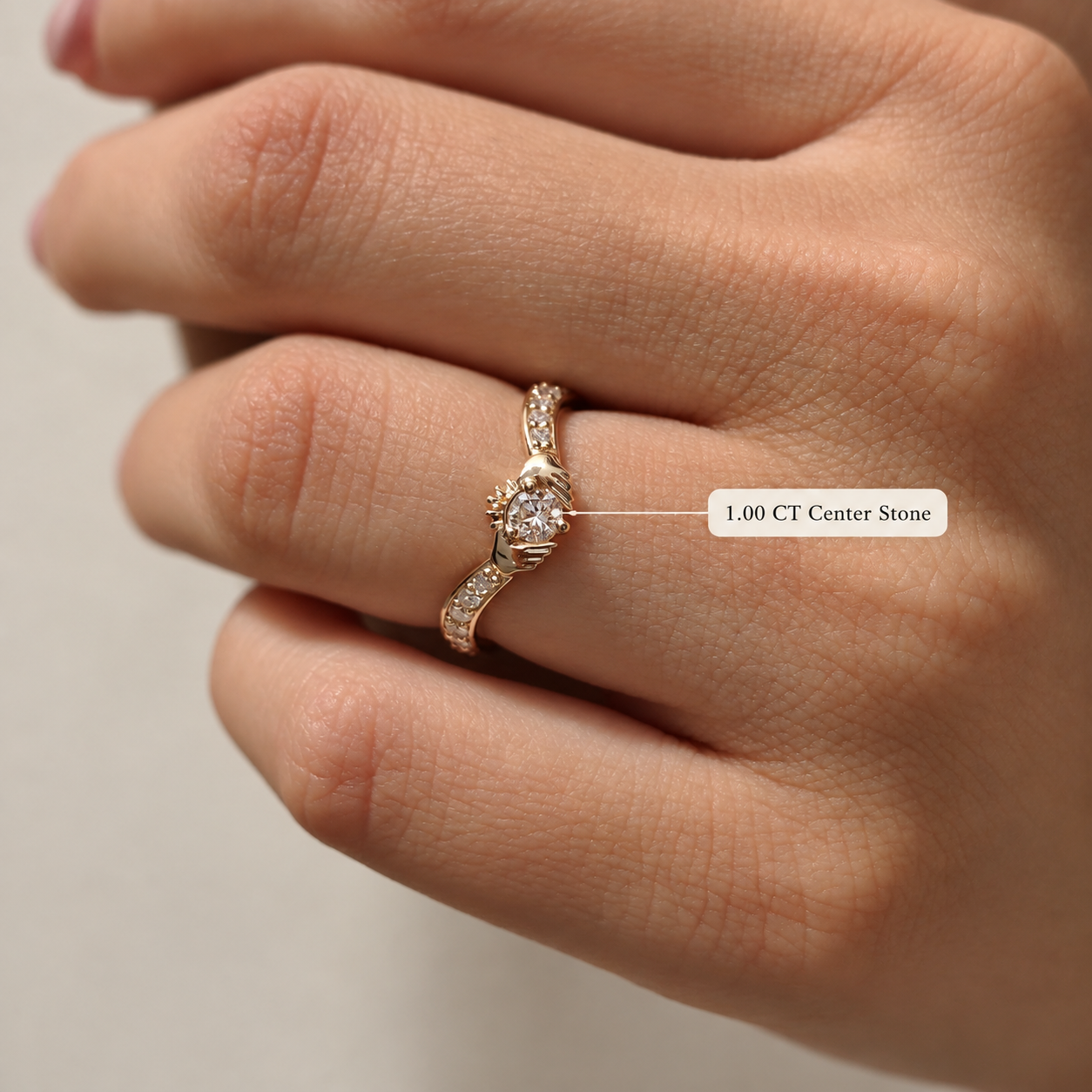 Round Lab Grown Diamond Claddagh Engagement Ring Pave 14K Yellow Gold IGI Certified