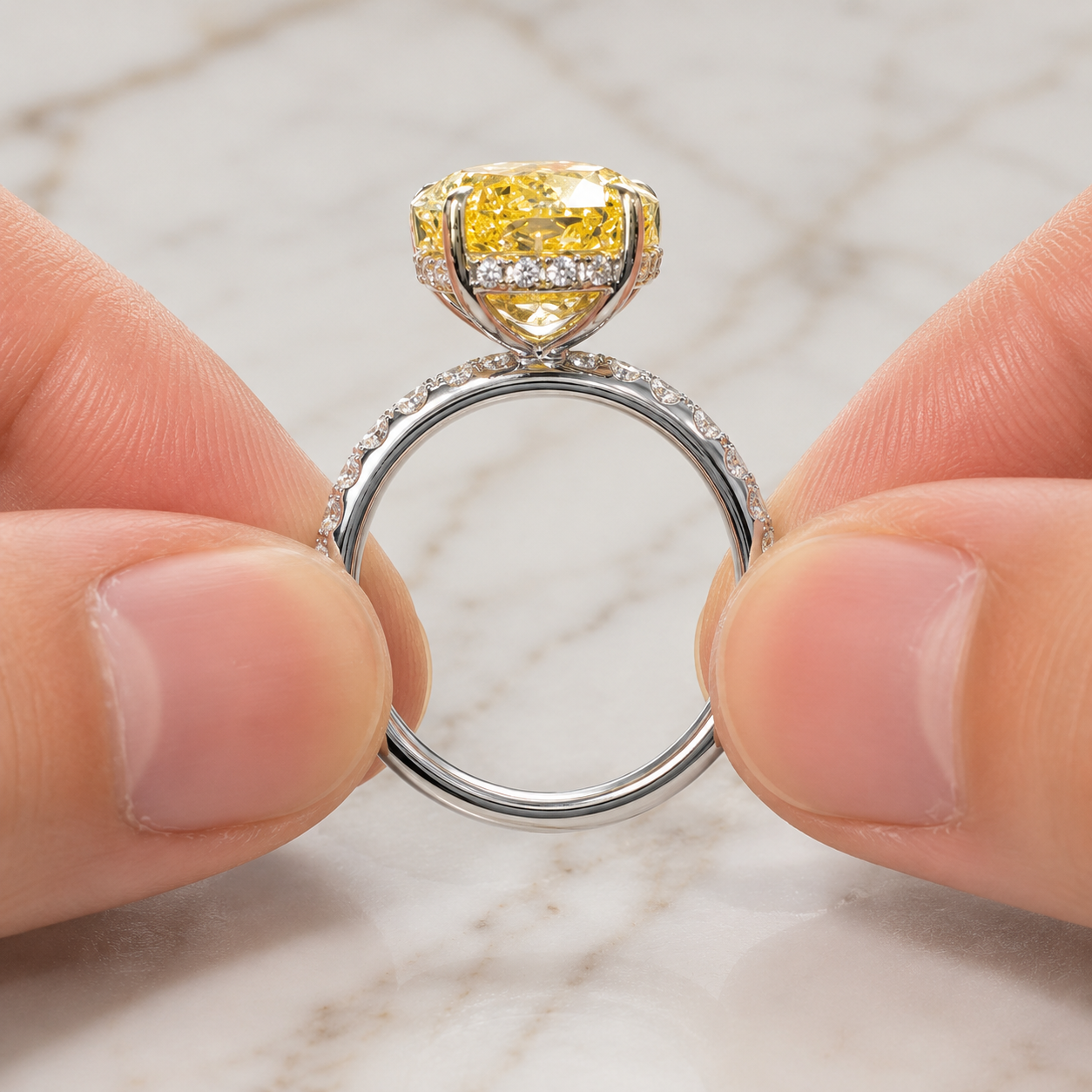 Fancy Yellow Oval Lab Grown Diamond Engagement Ring Four-Prong Solitaire 14K White Gold Pavé Band