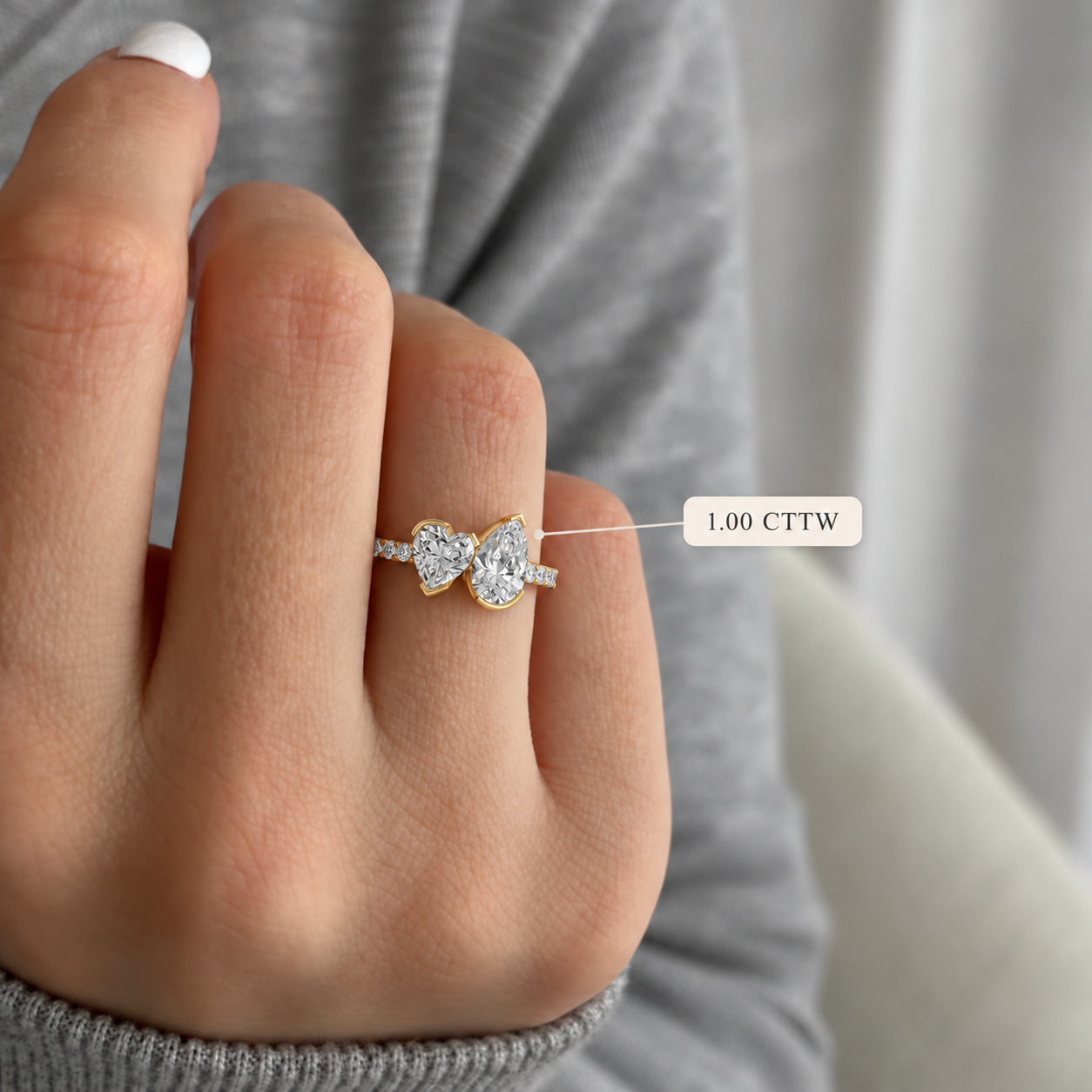 Toi et Moi Lab Diamond Engagement Ring: Heart & Pear Cut, 14K Gold Pave Band
