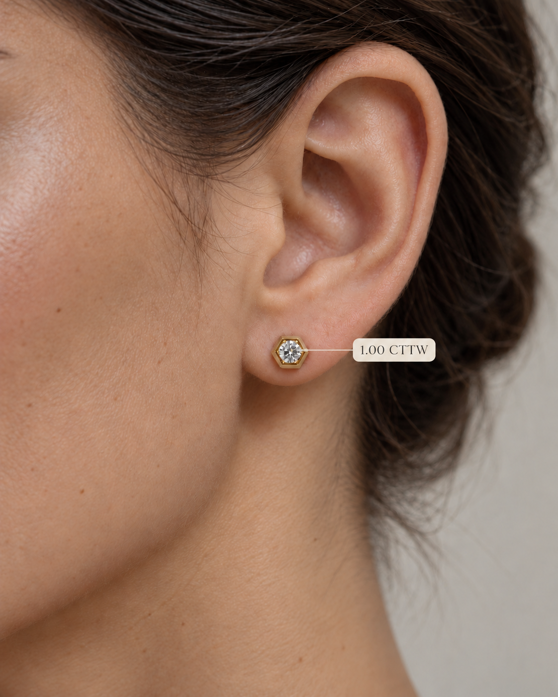 Lab Diamond Stud Earrings Hexagon Bezel 14K Yellow Gold Round Cut Gift for Her