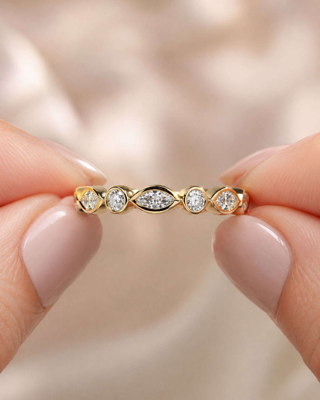 Marquise & Round Lab Grown Diamond Full Eternity Band – 14K Yellow Gold Bezel Set — view 5