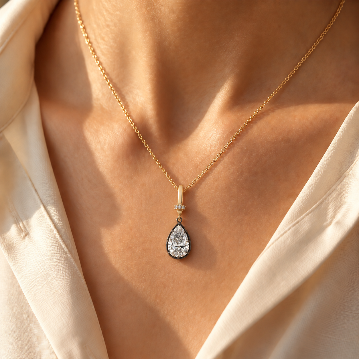 Lab Diamond Pendant Necklace Pear Cut Blackened Gold IGI Certified Vintage Style