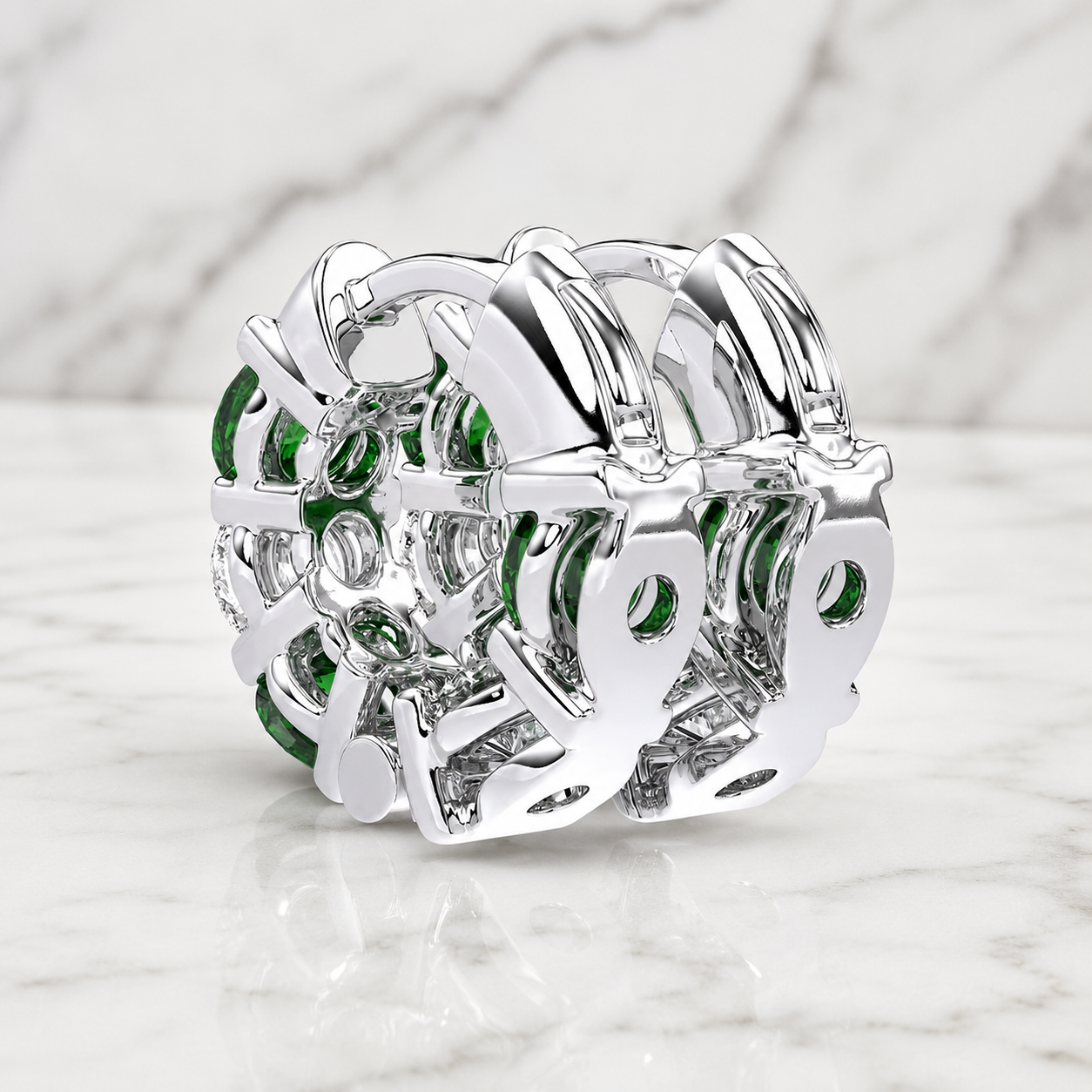 Round Lab Grown Diamond Huggie Hoop Earrings Created Emerald 14K White Gold IGI Certified 2ct