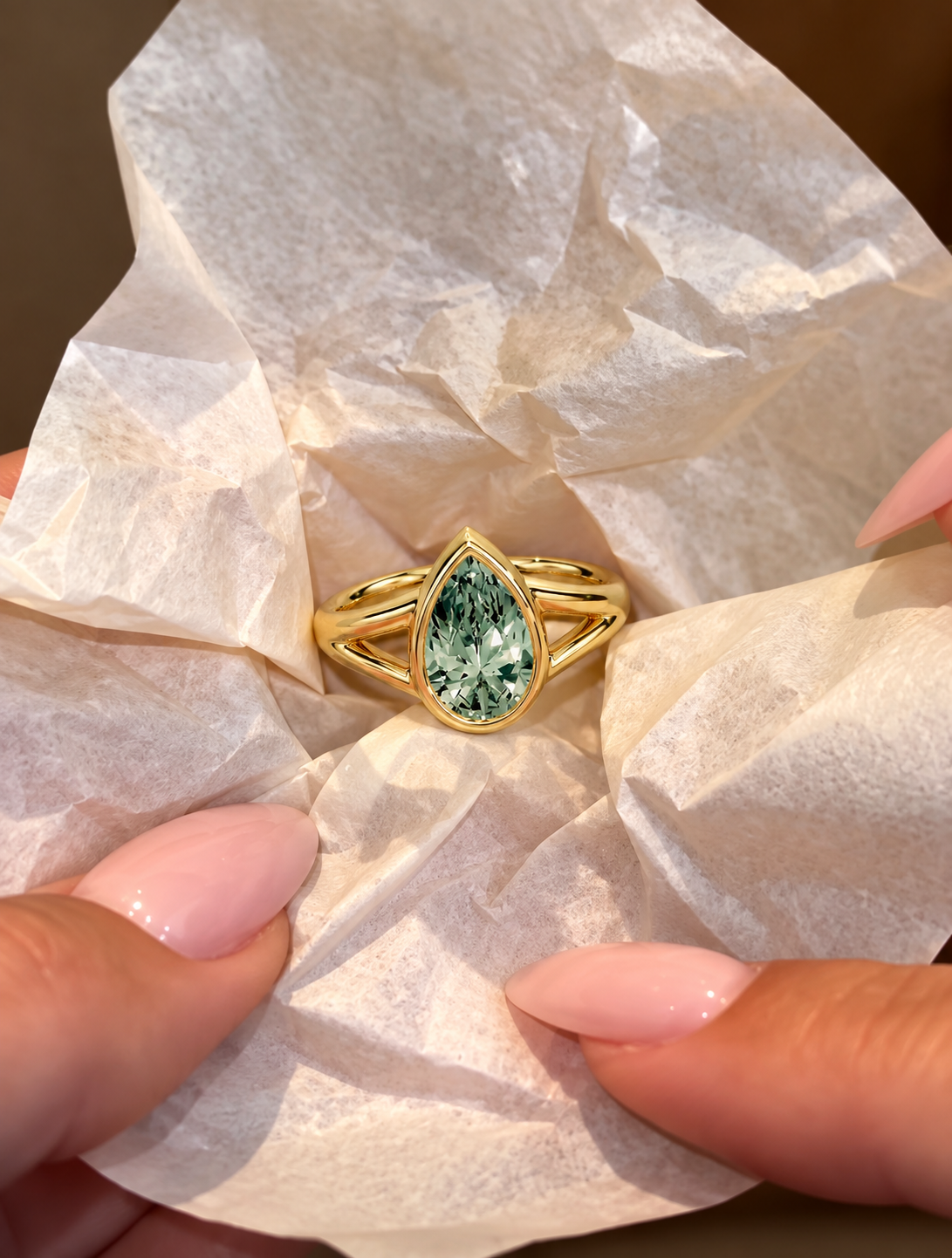 Pear Green Lab Diamond Engagement Ring, 14K Yellow Gold Bezel Split Shank