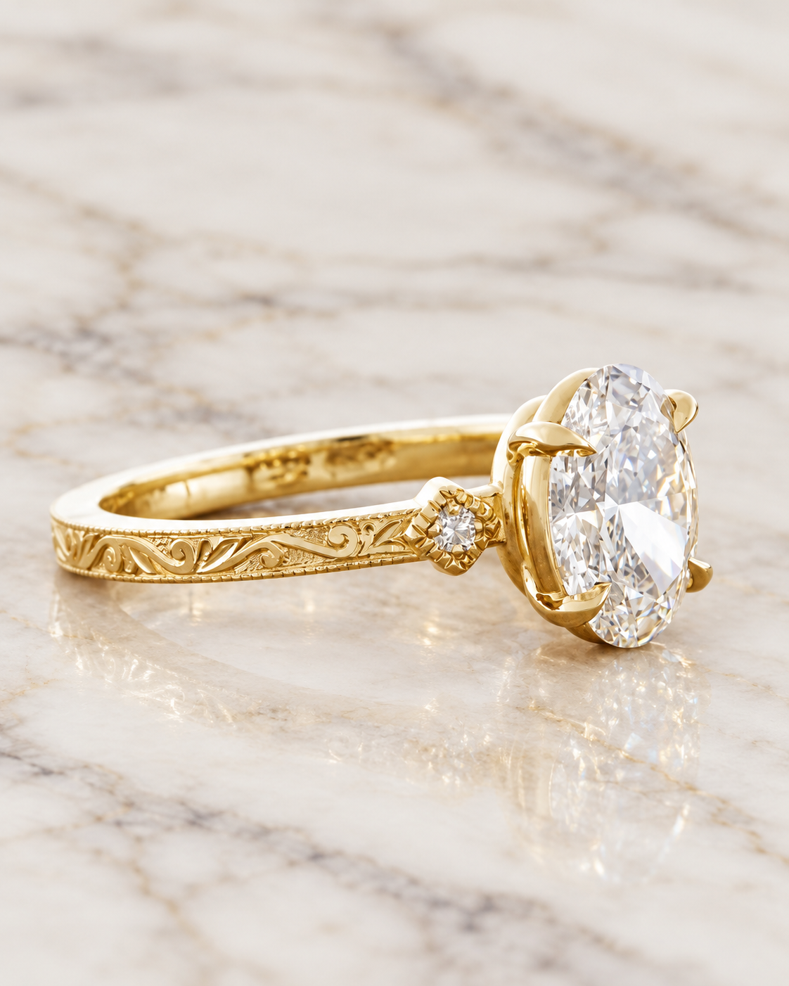 Oval Lab Grown Diamond Engagement Ring Three Stone 14K Yellow Gold Hand-Engraved Vintage Setting