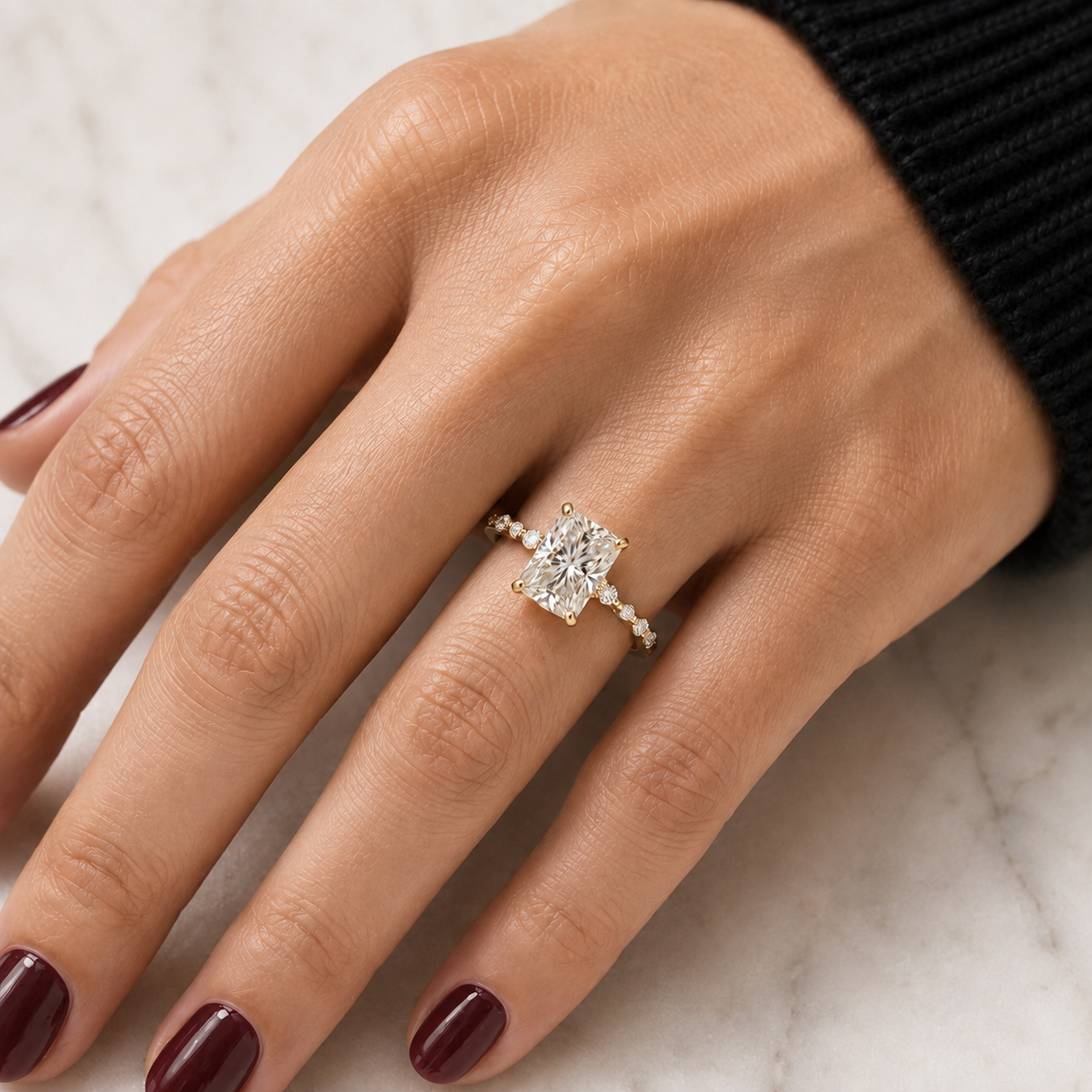 Radiant Cut Lab Grown Diamond Engagement Ring Four Prong 14K Yellow Gold Diamond Accent Band