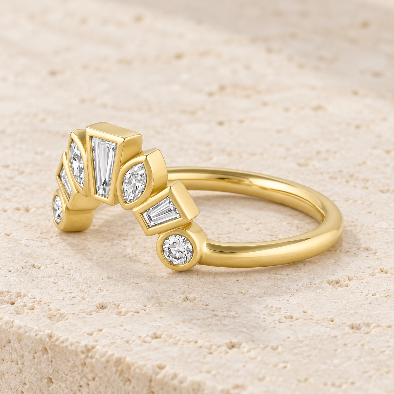 Bezel Set Diamond Ballerina Band Marquise Baguette Crown Ring 14K Yellow Gold Stacking Band
