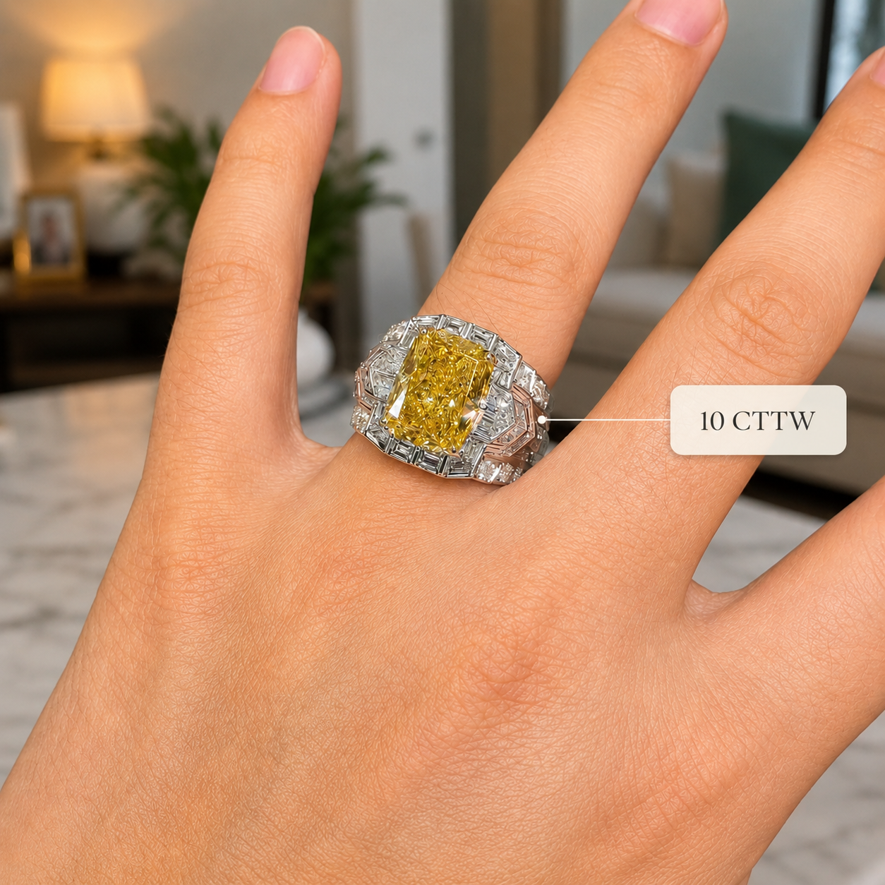Fancy Yellow Cushion Lab Grown Diamond Engagement Ring Art Deco Halo 14K White Gold Baguette Accents