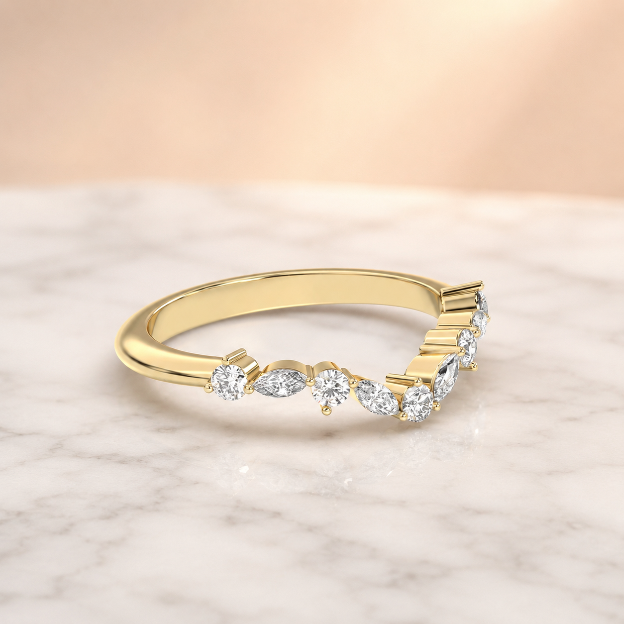Lab Grown Diamond Contour Wedding Band Pave 14K Yellow Gold Alternating Marquise Round, IGI Certified