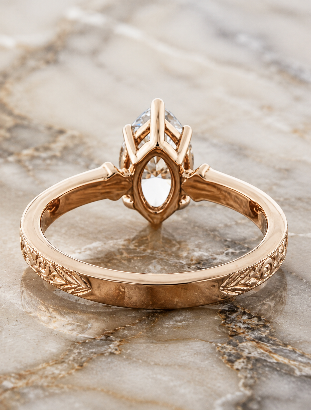 Marquise Lab Grown Diamond Engagement Ring Vintage Engraved Solitaire 14K Rose Gold E VVS2