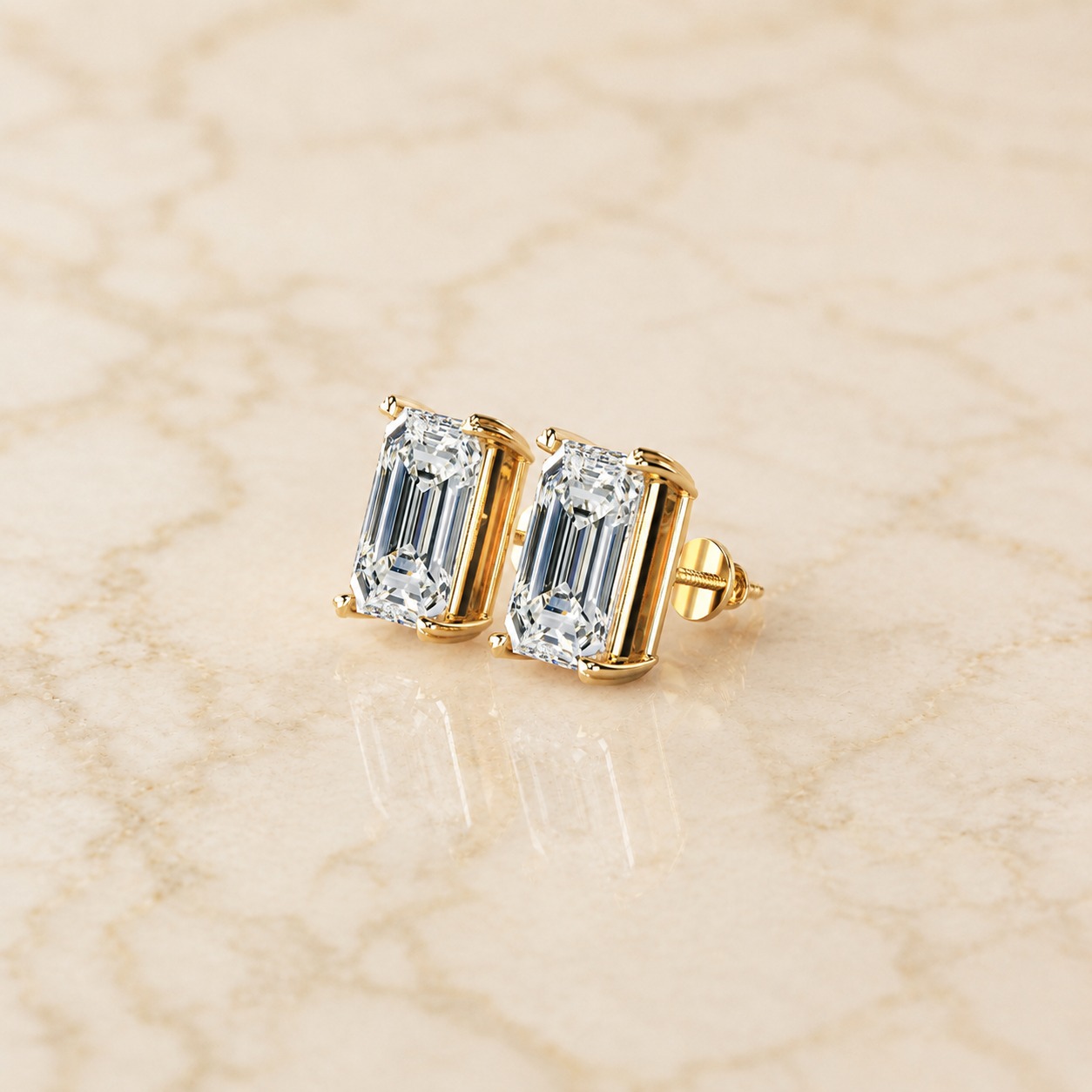 Emerald Cut Lab Grown Diamond Stud Earrings Four-Prong Solitaire 14K Yellow Gold  IGI Certified 10ct