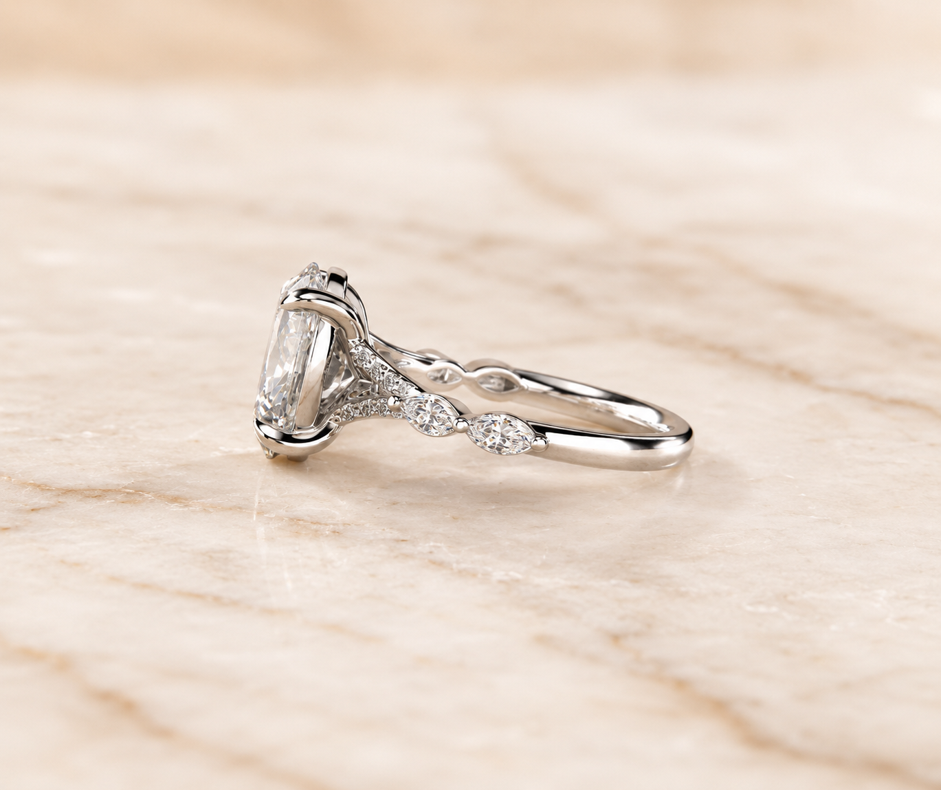 Oval Lab Grown Diamond Engagement Ring Marquise & Round Side Stones 14K White Gold E VVS2 1Ct Center